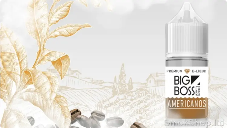 Big Boss Amerikanos Salt Likit - tütün yaprakları ve kahve çekirdekleri yanında 30 ml şişe