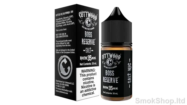 Cuttwood Boss Reserve 30 ml Salt Likit - muz, ballı kraker, kuruyemiş ve sütlü mısır gevreği aromalı şişe ve kutu