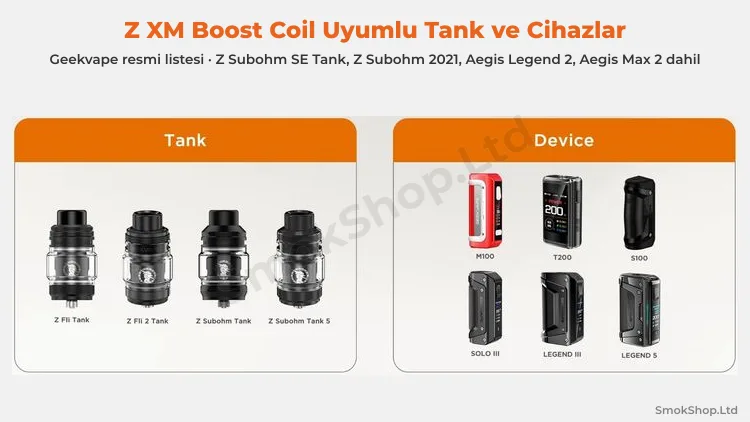 Geekvape Z XM Boost coil uyumlu tank ve cihazlar - Z Fli, Z Fli 2, Z Subohm, Z Subohm 5 tank ve Aegis cihazlar
