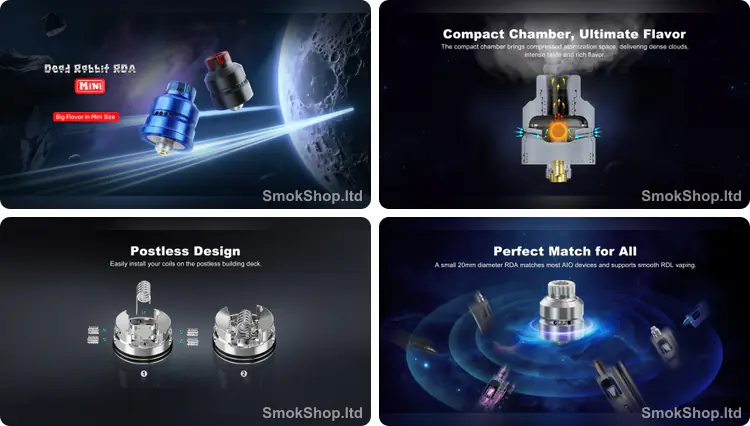 Hellvape Dead Rabbit Mini RDA - kompakt tasarım, yoğun aroma veren kompakt hazne, postless build platformu ve 20 mm çap ile geniş cihaz uyumu