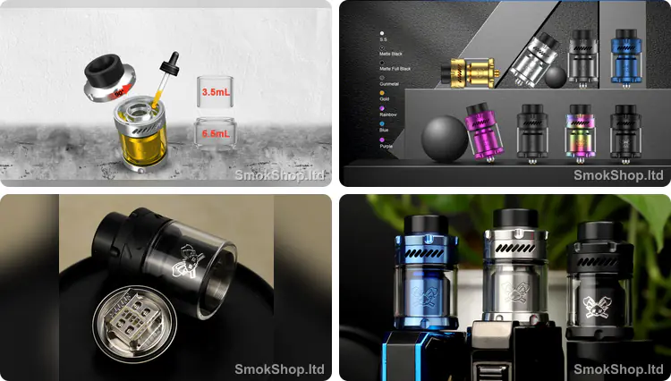 Hellvape Dead Rabbit V3 RTA - kolay üstten dolum, 8 renk seçeneği, bubble cam ve farklı renklerde kullanım görünümü