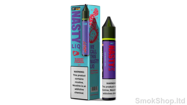 Nasty Blueberry Raspberry Strawberry 30 ml Salt Likit - yaban mersini, ahududu ve çilek aromalı Nasty LIQ kutusu ve 30 ml salt likit şişesi