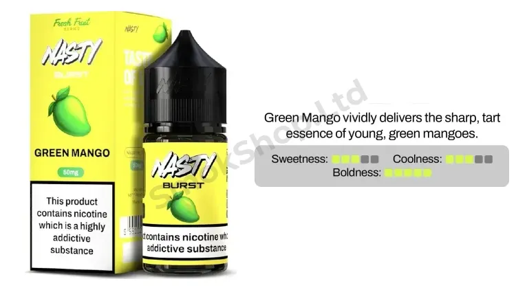Nasty Burst Green Mango Salt Likit 30ml kutusu ve şişesi, yeşil mango aroma kartı