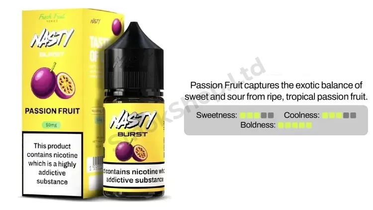 Nasty Burst Passion Fruit Salt Likit 30ml kutusu ve şişesi, çarkıfelek meyvesi aroma kartı