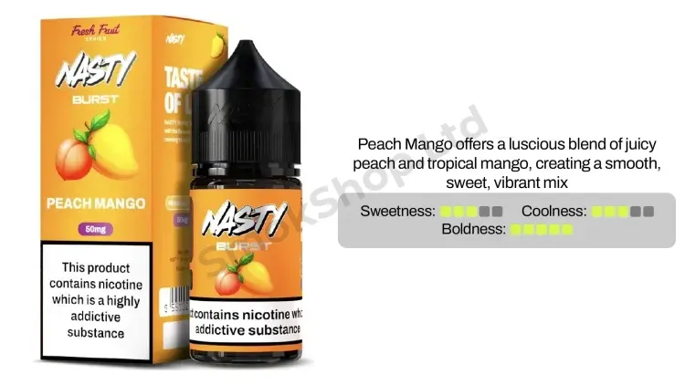 Nasty Burst Peach Mango Salt Likit 30ml kutusu ve şişesi, şeftali ve mango aroma kartı