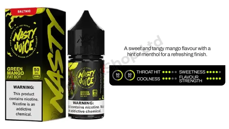 Nasty Juice Fat Boy Green Mango Salt Likit 30ml kutusu, şişesi ve resmi tat kartı