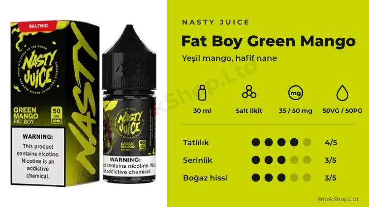Nasty Juice Fat Boy Green Mango Salt Likit 30ml özellikleri: 30 ml salt likit, 35 ve 50 mg, 50VG/50PG, tatlılık, serinlik ve boğaz hissi puanları