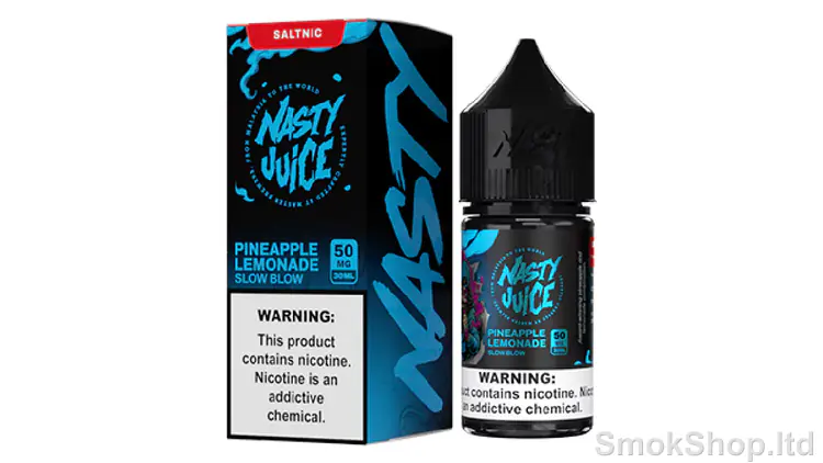 Nasty Juice Slow Blow Salt 30 ml - ananas ve misket limonu aromalı salt likit kutusu ve 30 ml şişesi