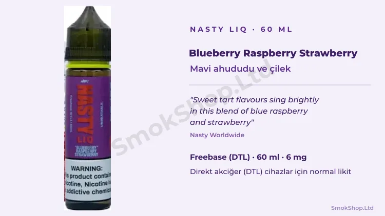 Nasty LIQ Blueberry Raspberry Strawberry 60ml Likit şişesi ve resmi aroma tanımı, mavi ahududu ve çilek
