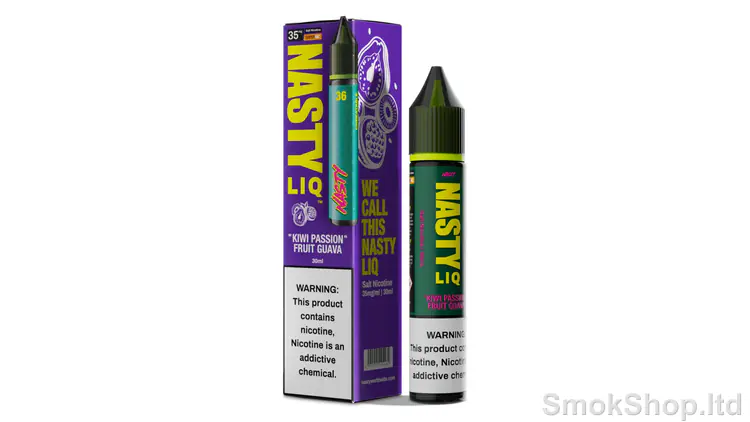 Nasty LIQ Kiwi Passion Fruit Guava Salt Likit 30 ml - kivi, çarkıfelek meyvesi ve guava aromalı Nasty LIQ kutusu ve 30 ml salt likit şişesi