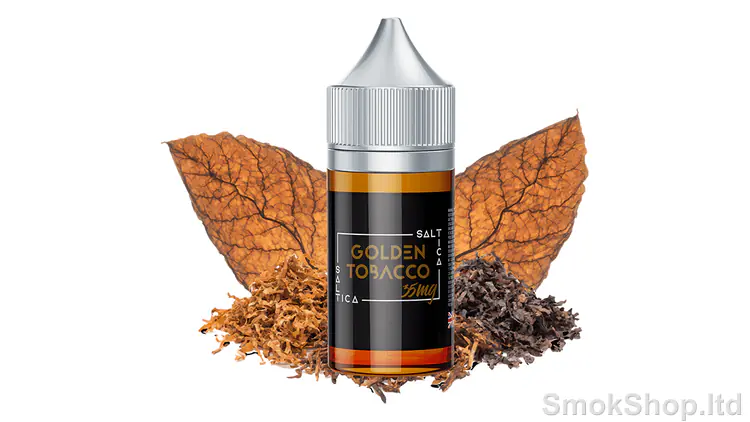Saltica Golden Tobacco Salt Likit 30ml - tütün yaprakları ve kıyılmış tütün önünde 30 ml şişe