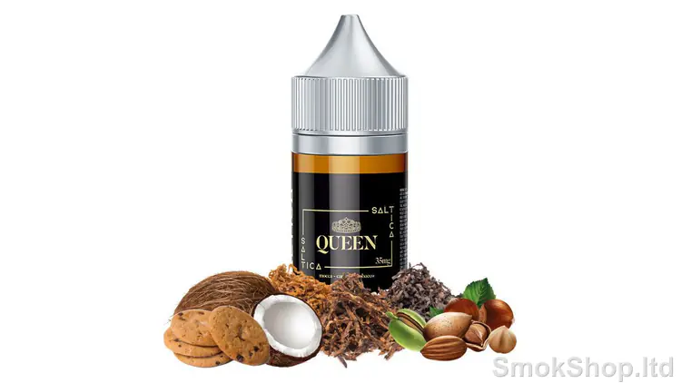 Saltica Queen Salt Likit 30ml - hindistan cevizi, kurabiye, badem, fındık ve kıyılmış tütünle 30 ml şişe