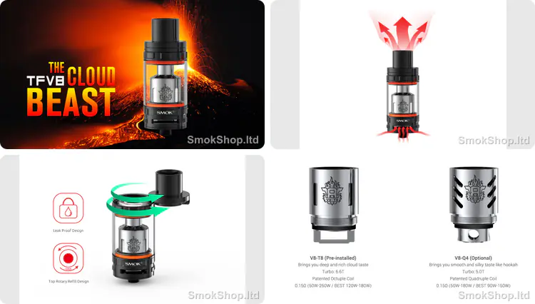 Smok GX350 - TFV8 Cloud Beast tank, geniş hava akışı, üstten dolum ve V8-T8/V8-Q4 coil