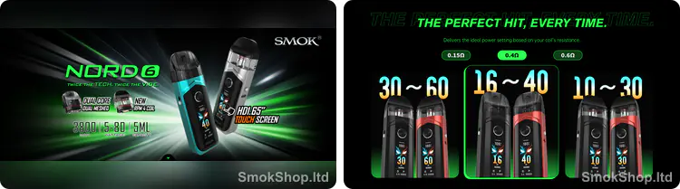 SMOK Nord 6 Kartuş - Nord 6 pod seçenekleri ve coil direncine göre güç aralıkları