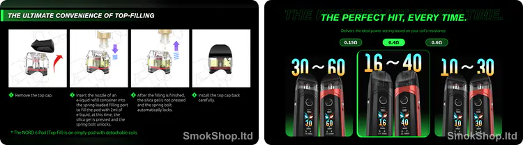 SMOK Nord 6 RPM 4 Kartuş - üstten dolum adımları ve 0.15Ω / 0.6Ω coil güç aralıkları