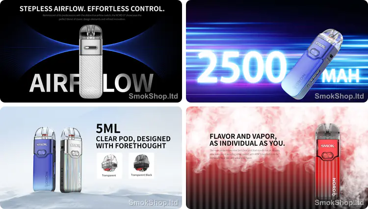 Smok Nord GT - kademesiz hava akışı, 2500mAh pil, 5ml şeffaf kartuş ve RPM 3 mesh coil
