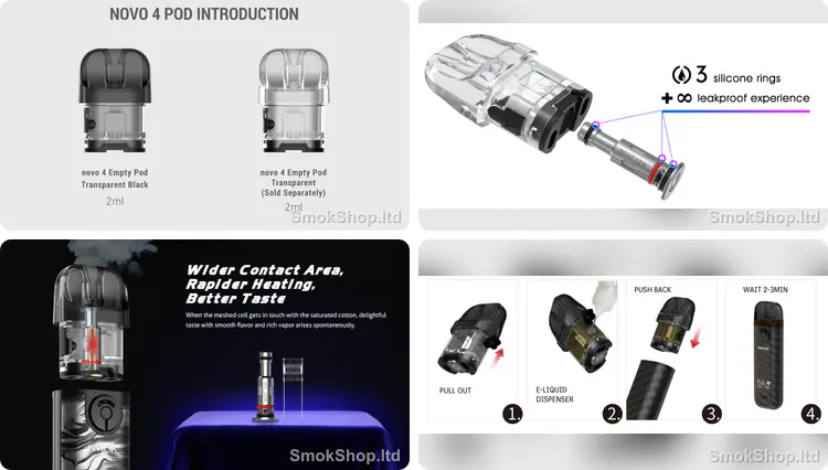 SMOK Novo 4 Kartuş - 2ml boş pod, silikon halkalı sızdırmaz yapı, coil yuvası ve dolum adımları