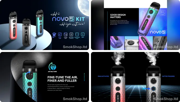 Smok Novo 5 - kompakt tasarım, ayarlanabilir hava giriş halkası, çekişle veya tuşla aktivasyon