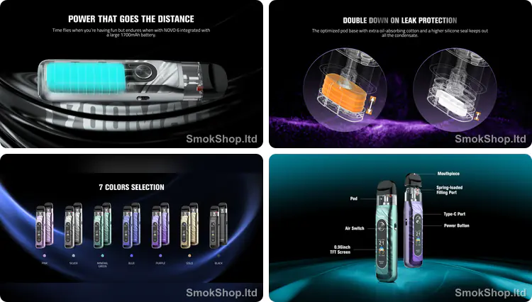 SMOK Novo 6 - 1700mAh dahili pil, sızdırmaz kartuş tabanı, 7 renk seçeneği ve Type-C girişli gövde