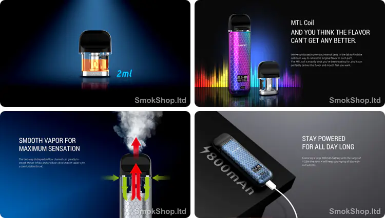 SMOK Novo X - 2ml pod, MTL coil, yumuşak hava akışı ve 800mAh dahili pil