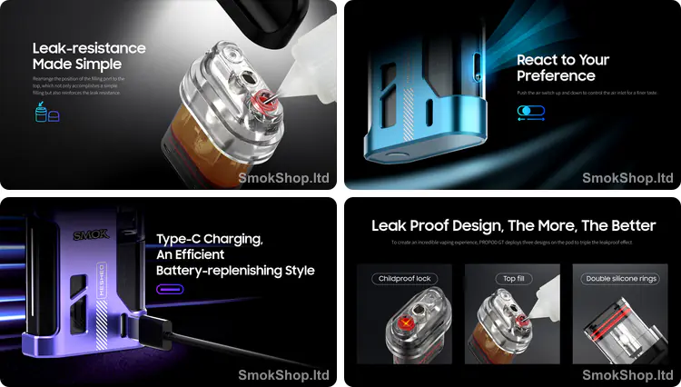 Smok PROPOD GT - üstten dolum, ayarlanabilir hava girişi, Type-C şarj ve üç katmanlı sızdırmazlık tasarımı