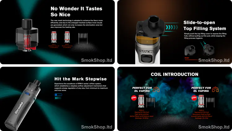 SMOK RPM 5 Pro - RPM 5 pod, kaydırmalı üstten dolum, kademesiz hava akışı ve RPM 3 mesh coil