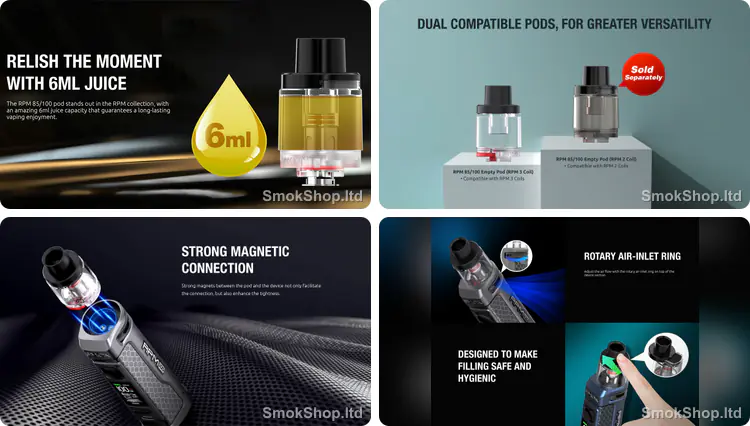 Smok RPM 85/100 Kartuş - 6ml kapasite, RPM 3 ve RPM 2 coil uyumlu kartuşlar, manyetik bağlantı ve hijyenik üstten doldurma