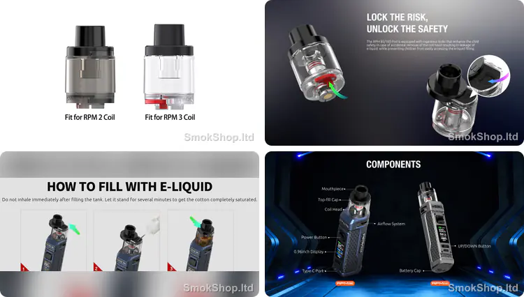 Smok RPM 85/100 Kartuş - RPM 2 ve RPM 3 coil kartuşları, güvenlik kilidi, likit doldurma adımları ve RPM 85 / RPM 100 uyumu