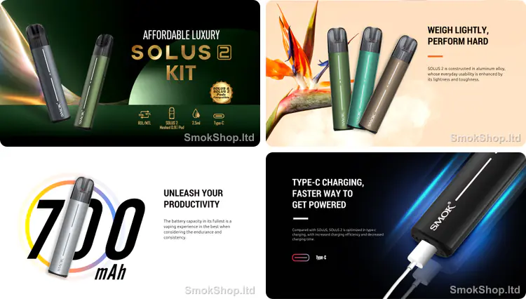 SMOK Solus 2 - şık kit tasarımı, hafif alüminyum gövde, 700mAh pil ve Type-C şarj