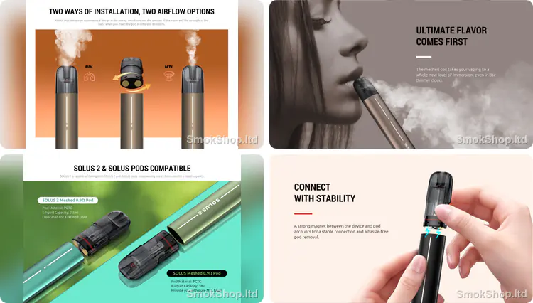 SMOK Solus 2 - RDL/MTL hava akışı seçenekleri, fileli coil ile yoğun aroma, Solus pod uyumu ve mıknatıslı bağlantı