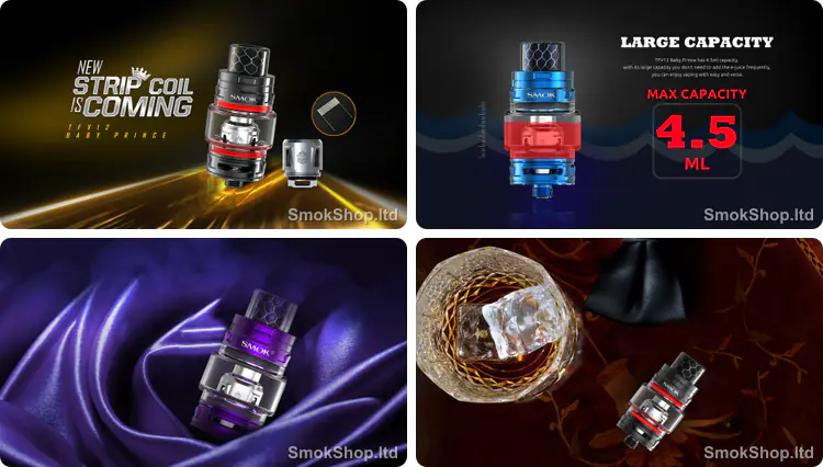 SMOK TFV12 Baby Prince tank - strip coil, 4.5 ml kapasite, Cobra damlalık ve tank tasarımı