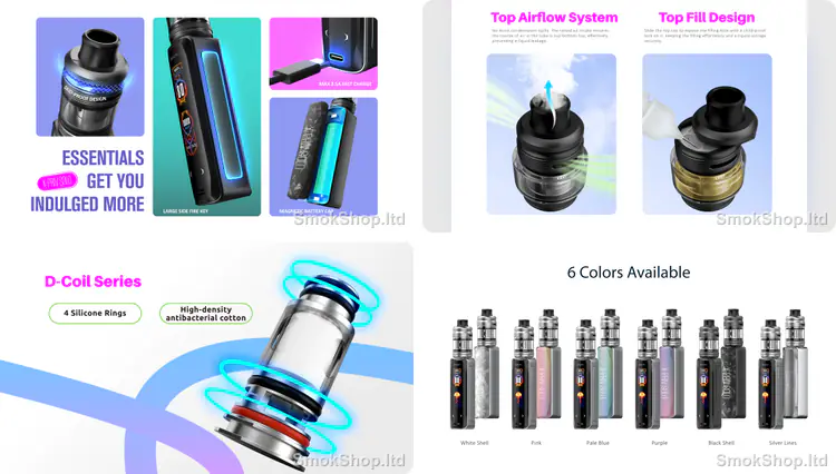 SMOK X-Priv Solo - yan ateşleme tuşu ve hızlı şarj, üstten hava akışı ve dolum, D-Coil serisi ve 6 renk seçeneği