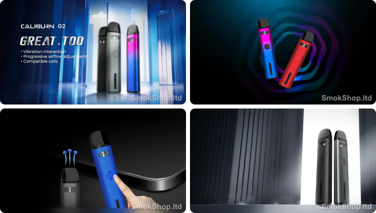 Uwell Caliburn G2 - şık tasarım, renk seçenekleri ve titreşimli ateşleme butonu