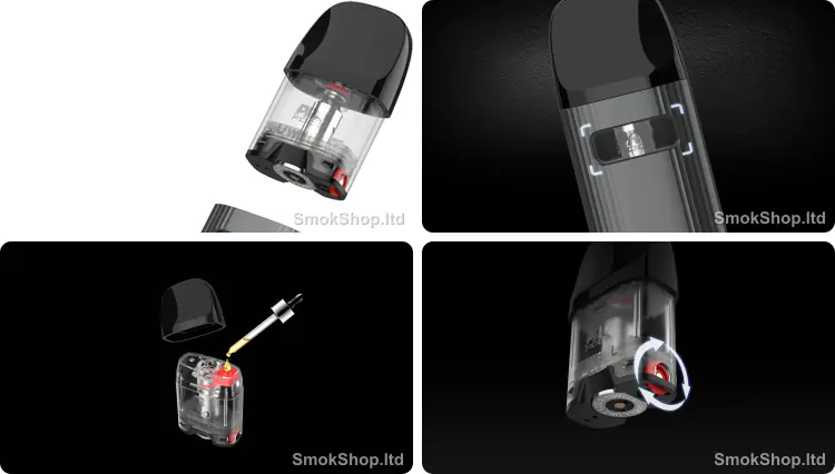 Uwell Caliburn G2 Kartuş - coil yuvası, likit kontrol penceresi, üstten dolum ve kademeli hava akışı ayarı