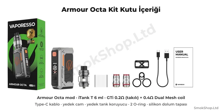 Vaporesso Armour Octa Kit kutu içeriği: mod, iTank T tank, GTi coiller, Type-C kablo ve yedek parçalar