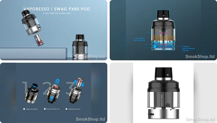Vaporesso SWAG PX80 Pod Tank - 4 ml pod, GTX coil yapısı, sızdırmaz iç yapı ve likit boşaltmadan coil değişimi