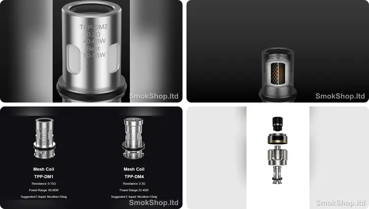 VOOPOO TPP Coil: TPP-DM2 coil yakın çekim, mesh ısıtıcı kesiti, TPP-DM1 ve TPP-DM4 değerleri ile TPP pod yapısı